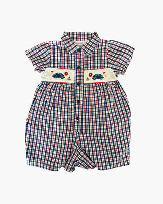 Jacadi Vichy blue and red jumpsuit with “Highway Code” embroidery – 6 months