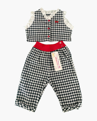 Top and Gingham Pattern Trousers Set with 80's Family Picnic Embroidery - 2 years